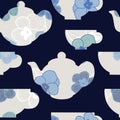 Elegant seamless pattern with blue and white teacups and teapots Royalty Free Stock Photo