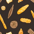 Elegant seamless pattern with delicious whole grain rye and wheat breads, fresh baked products and sweet pastry on black