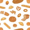 Elegant seamless pattern with different types of delicious bread or pastry on white background. Backdrop with whole
