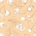 Elegant seamless pattern with fresh ripe guarana and physalis fruits and berries hand drawn with contour lines on orange