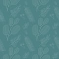 Elegant seamless pattern with  hand drawn line leaves and flowers. Floral pattern. Vintage green background Royalty Free Stock Photo