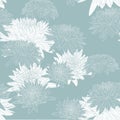 Elegant seamless pattern with hand drawn mint line chrysanthemum flowers, design elements.