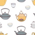 Elegant seamless pattern with hand drawn traditional Japanese tea ceremony attributes - cast-iron kettle Tetsubin Royalty Free Stock Photo