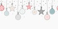 Elegant seamless pattern with hanging Christmas balls and stars. Hand drawn and creative baubles - Vector Illustration Royalty Free Stock Photo