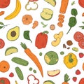 Elegant seamless pattern with healthy nutrition, fresh dietary food, eco natural organic fruits, berries and vegetables