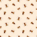 Elegant seamless pattern with honey bees on light background. Apiculture or beekeeping backdrop. Colored hand drawn
