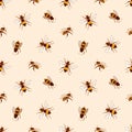 Elegant seamless pattern with honey bees on light background. Apiculture or beekeeping backdrop. Colored hand drawn