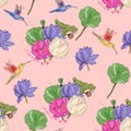 Elegant seamless pattern with hummingbirds and lotuses. Royalty Free Stock Photo