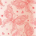 Elegant seamless pattern with pink butterflies, flowers and hearts. Decorative ornament background fabric, textile, wrapping paper Royalty Free Stock Photo
