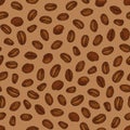 Elegant seamless pattern with roasted coffee seeds or beans scattered on brown background. Realistic hand drawn vector Royalty Free Stock Photo