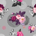 Elegant seamless pattern with semi-colored wild rose flowers against gray background with hand painted circular elements