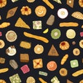 Elegant seamless pattern with traditional oriental confections or sweet pastry on black background. Stylish backdrop