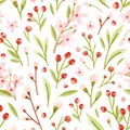 Elegant seamless pattern with translucent tender spring flowers, forest berries, leaves scattered on white background