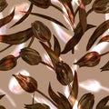 Elegant seamless pattern with tulips silhouettes on brown beige.