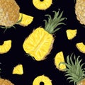 Elegant seamless pattern with whole and cut pineapples on black background. Backdrop with fresh tropical juicy fruit Royalty Free Stock Photo