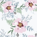 Elegant seamless peony pattern on white background.