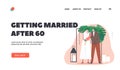 Elegant Senior Couple Wedding Ceremony Landing Page Template. Happy Newlywed Characters Man and Woman Get Married
