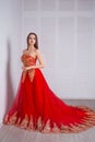 Elegant sensual young woman in beautiful red dress posing indoor. Royalty Free Stock Photo