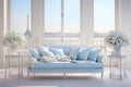 Elegant and Serene Interior Design. White and Light Blue Palette Furnishing for a Tranquil Room