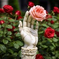 Elegant Serenity: Close-up of White Marble Statues Hand Holding Delicate Red Rose in Lush Garden Royalty Free Stock Photo