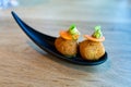 Elegant serving of two falafel balls with carrot and green leaves in modern restaurant