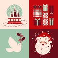 Set of retro Christmas cards with snow globe, holiday gifts, white dove and cute Santa Claus Royalty Free Stock Photo