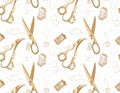 Elegant Sewing Pattern - Golden Scissors and Thread Spools on White Royalty Free Stock Photo