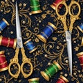 Elegant Sewing Pattern with Scissors and Thread Spools Royalty Free Stock Photo