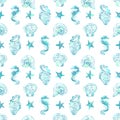 Elegant shiny blue and white seahorse, starfish and seashell seamless pattern background