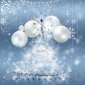 Elegant shiny silver Christmas background with beautiful fir tree, Christmas balls and place for text. Greeting card, party Royalty Free Stock Photo