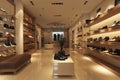 Elegant shoe boutique with wooden shelving and warm lighting