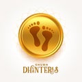 elegant shubh dhanteras vector design with goddess feet on golden coin vector