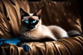 An elegant Siamese cat with piercing blue eyes lounging on a velvet cushion