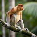 Elegant Side Profile of a Proboscis Monkey with a Blurred Tropical Rainforest Backdrop Royalty Free Stock Photo
