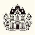 Elegant Silhouette House With Floral Ornaments - Rococo Style Illustration