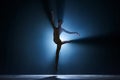 Elegant silhouette of elegant young girl, ballet dancer dancing on stage against dark blue background with spotlight