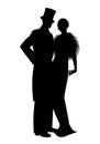 Elegant silhouettes of couple wearing retro style party clothes. Man in top hat and lady with long dress and fur stole Royalty Free Stock Photo