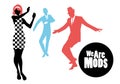 Elegant silhouettes of people wearing clothes of the sixties dancing 60s style