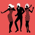 Elegant silhouettes of people wearing clothes of the sixties dancing 60s style