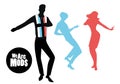 Elegant silhouettes of people wearing clothes of the sixties dancing 60s style