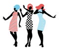 Elegant silhouettes of three girls wearing clothes of the sixties dancing 60s style Royalty Free Stock Photo