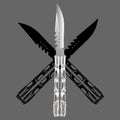 Elegant silver balisong or butterfly knife and its crossed shadows