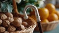 Elegant silver-handled cane next to a basket of walnuts and oranges Royalty Free Stock Photo
