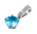 Elegant silver pendant with light blue gemstone isolated on white. Luxury jewelry Royalty Free Stock Photo