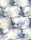 Elegant Silver Teacups and Saucers Watercolor Pattern Royalty Free Stock Photo