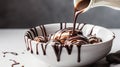 Elegant Simplicity White bowl filled with velvety milk, with a few drops of rich chocolate syrup swirling delicately, creating a