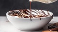 Elegant Simplicity White bowl filled with velvety milk, with a few drops of rich chocolate syrup swirling delicately, creating a