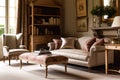 Elegant sitting room decor, interior design, living room furniture, sofa and home decor in English country house and elegant