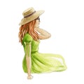 Elegant sitting woman figure watercolor illustration. Relaxed white girl with red hair and hat. Happy caucasian woman
