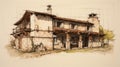 Elegant Sketch Of Old Building In Subtle Earthy Tones